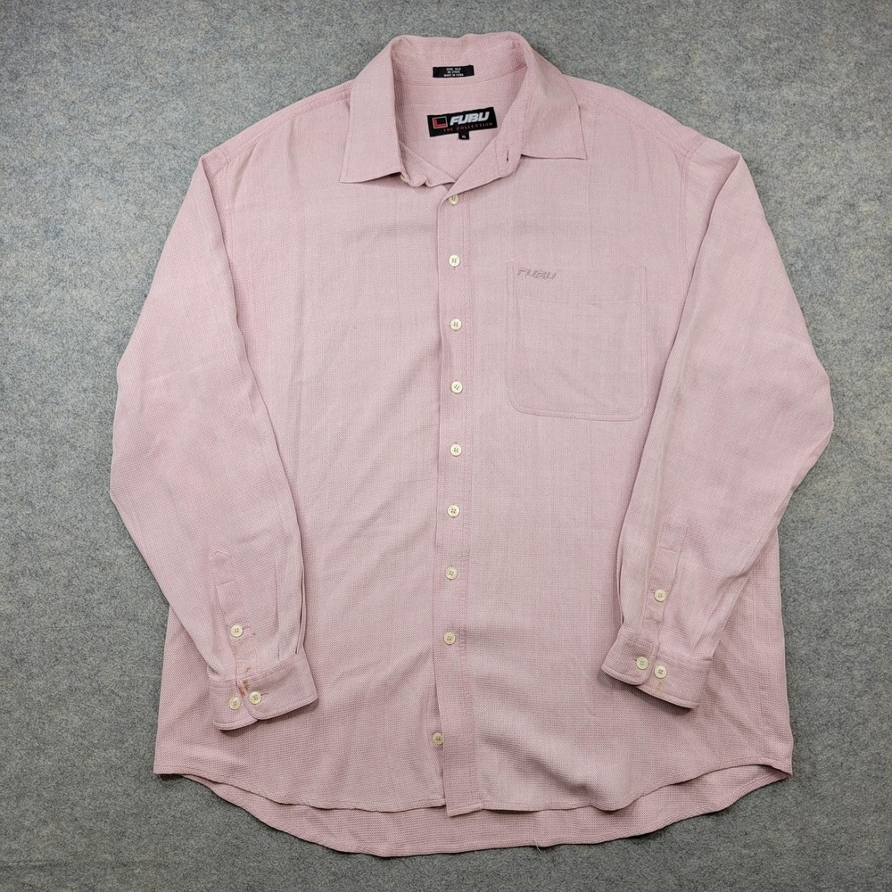FUBU Shirt Mens XL Pink Solid Silk Button Front Long Sleeve Casual Embroidered*‎